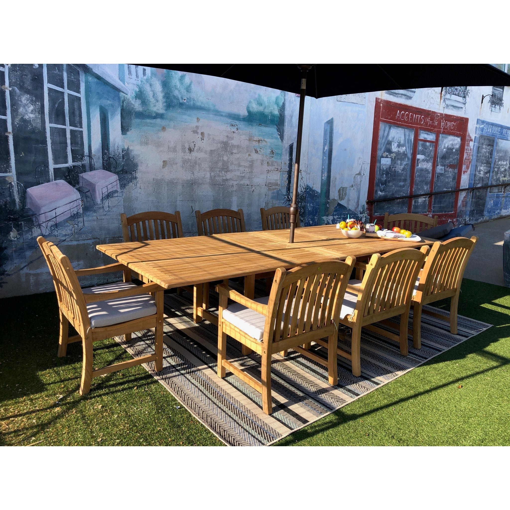 Teak Banquet 9pc Outdoor Dining Set (Teak Extendable Table 88-118 with 8 Teak Tista Arnchairs +FREE Cushions)