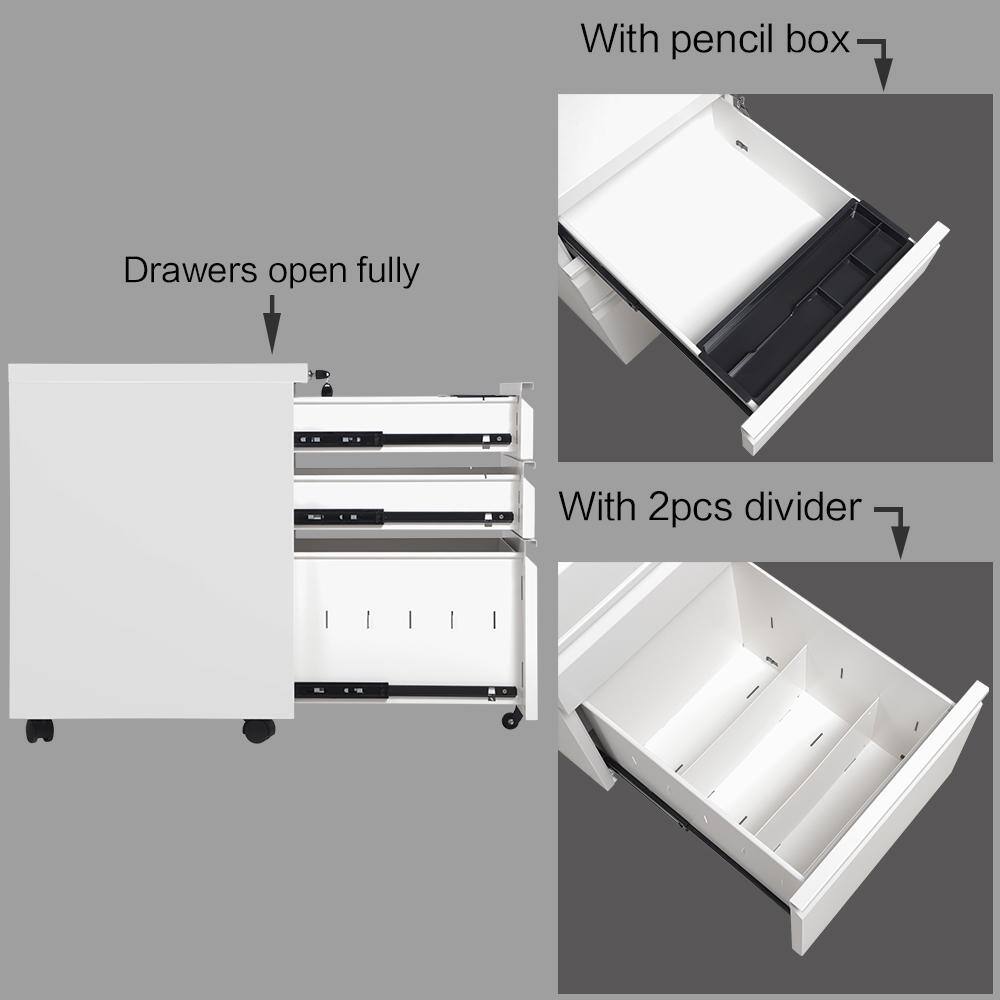 Classic White Metal Mobile 3-Drawer File Cabinet with Lockable Pedestal Cabinet Assembled for Legal or Letter Files ZY-W29705848