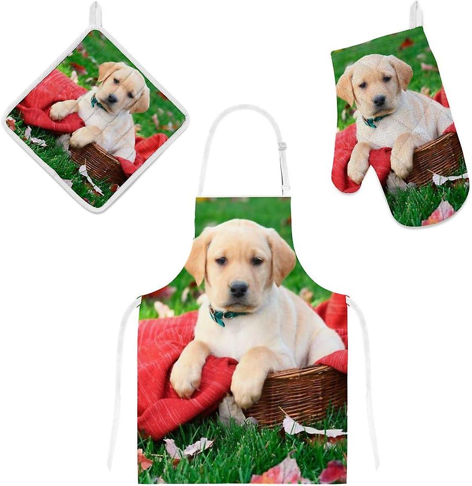 Kitchen Oven Mitts Glove Potholder Apron 3pcs Set Labrador Retriever Puppy Sits On Red Blanket Non Slip Heat Resistant Mitts Baking Cooking Bbq