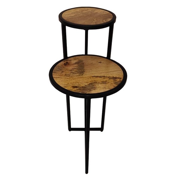 Two Tier Round Wooden Side Table with Metal Frame， Brown and Brass