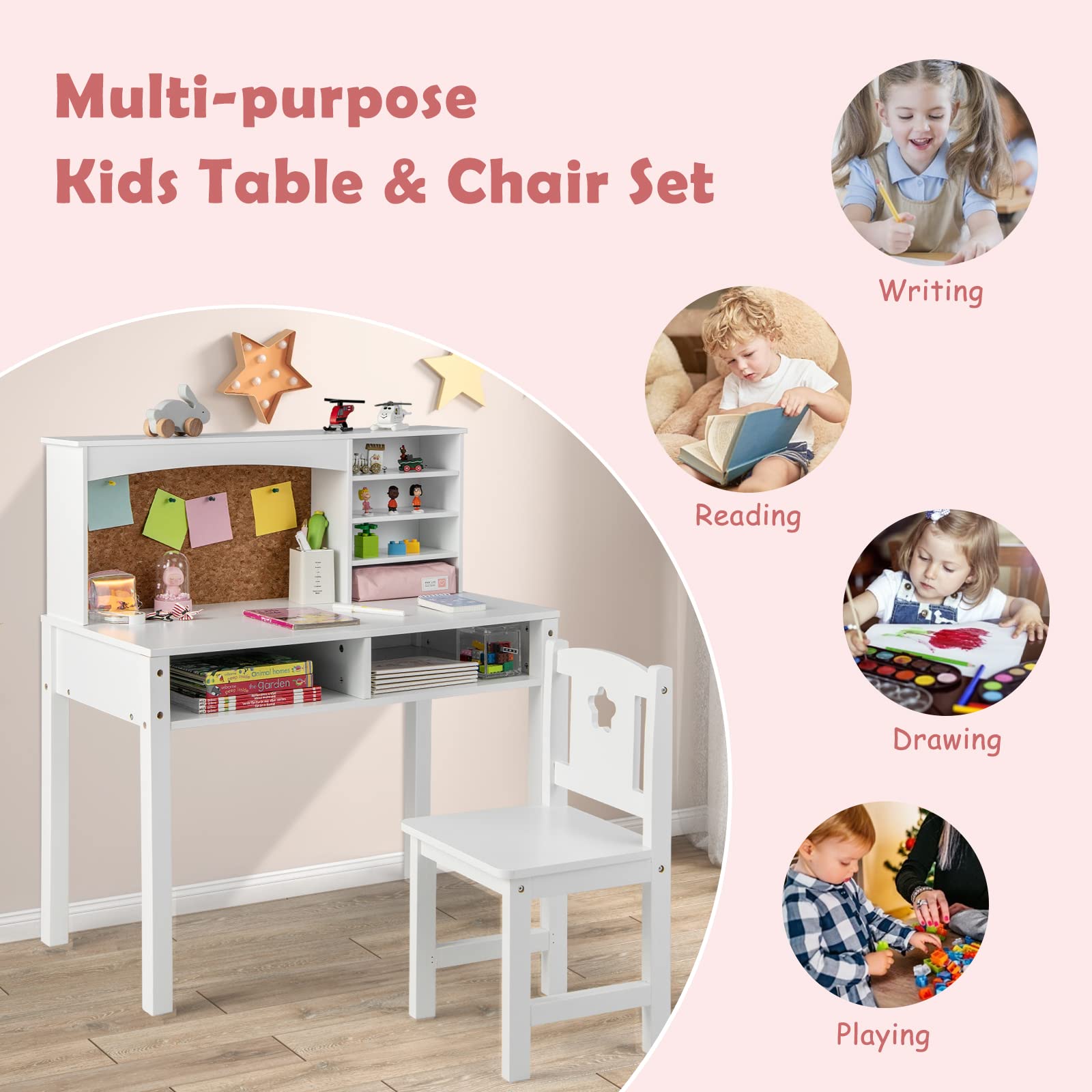 Costzon Kids Desk and Chair Set, Student Study Table with Chair, Hutch, Cork Bulletin Board, Storage Shelves