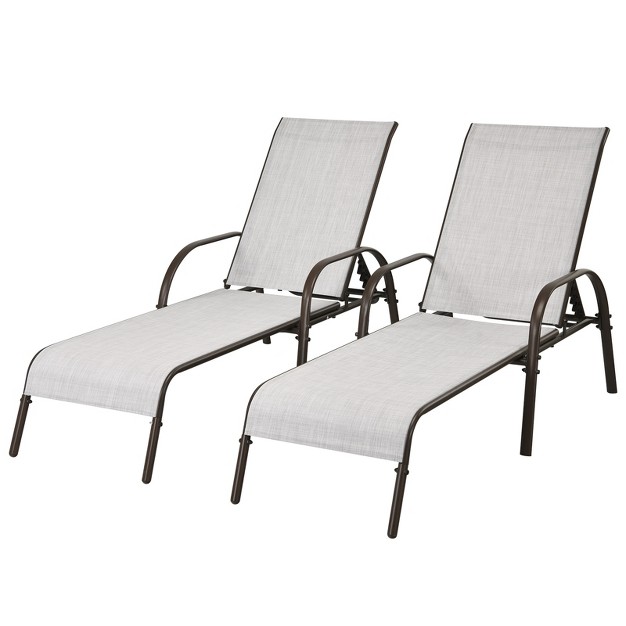 Tangkula 2 Pcs Outdoor Chaise Lounge Chair Adjustable Reclining Bed With Backrest amp Armrest Gray