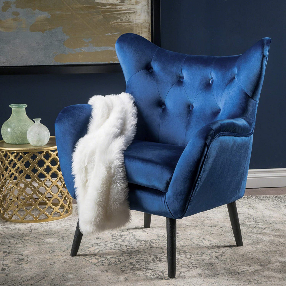 Mid Century Armchair  Velvet Padded Seat With Button Tufted Back  Navy Blue   Contemporary   Armchairs And Accent Chairs   by Declusia  Houzz