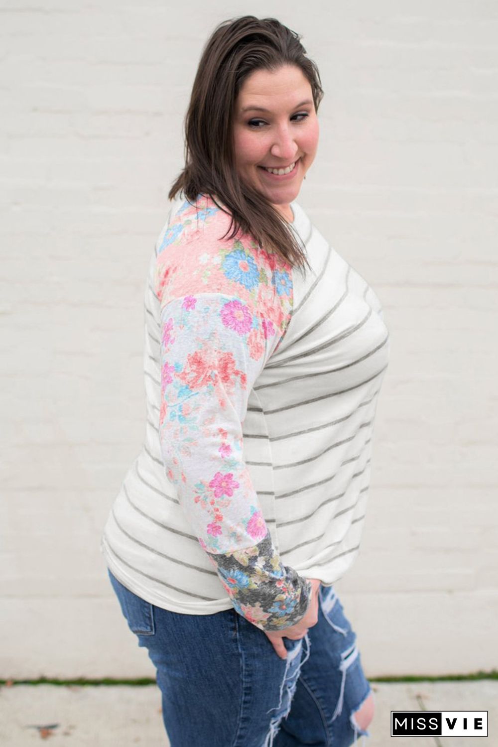 Stripe Print Plus Size Floral Long Sleeve Top