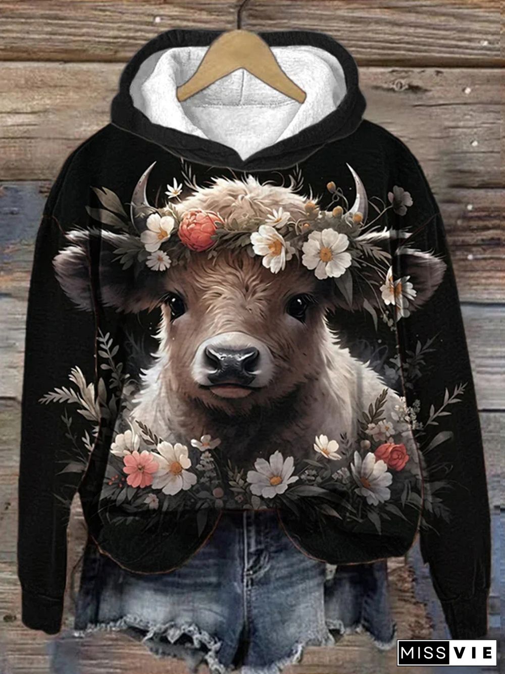 Women's Floral Highland Cow Print Casual Hooded Sweatshirt