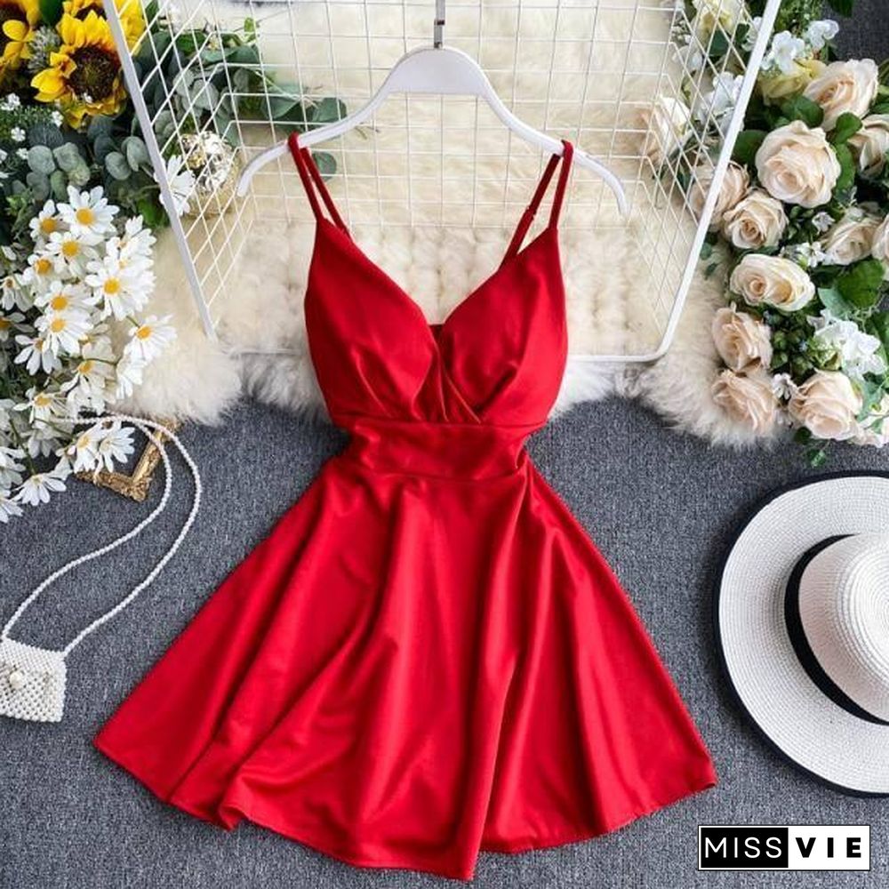 Women A-line Sexy Dress V-Neck Spaghetti Strap Backless Mini Dresses Soild Color Vestidos Slim Trend High Waist For Party