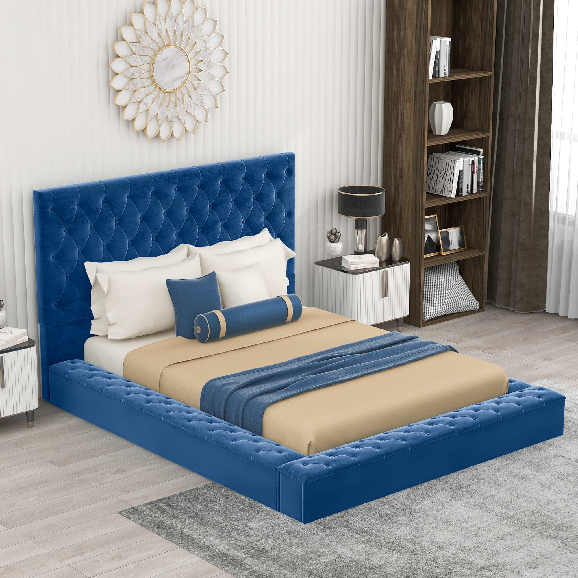 EUROCO Tufted Upholstery Platform Bed with Storage Compartments, Full for Kids Bedroom, Blue