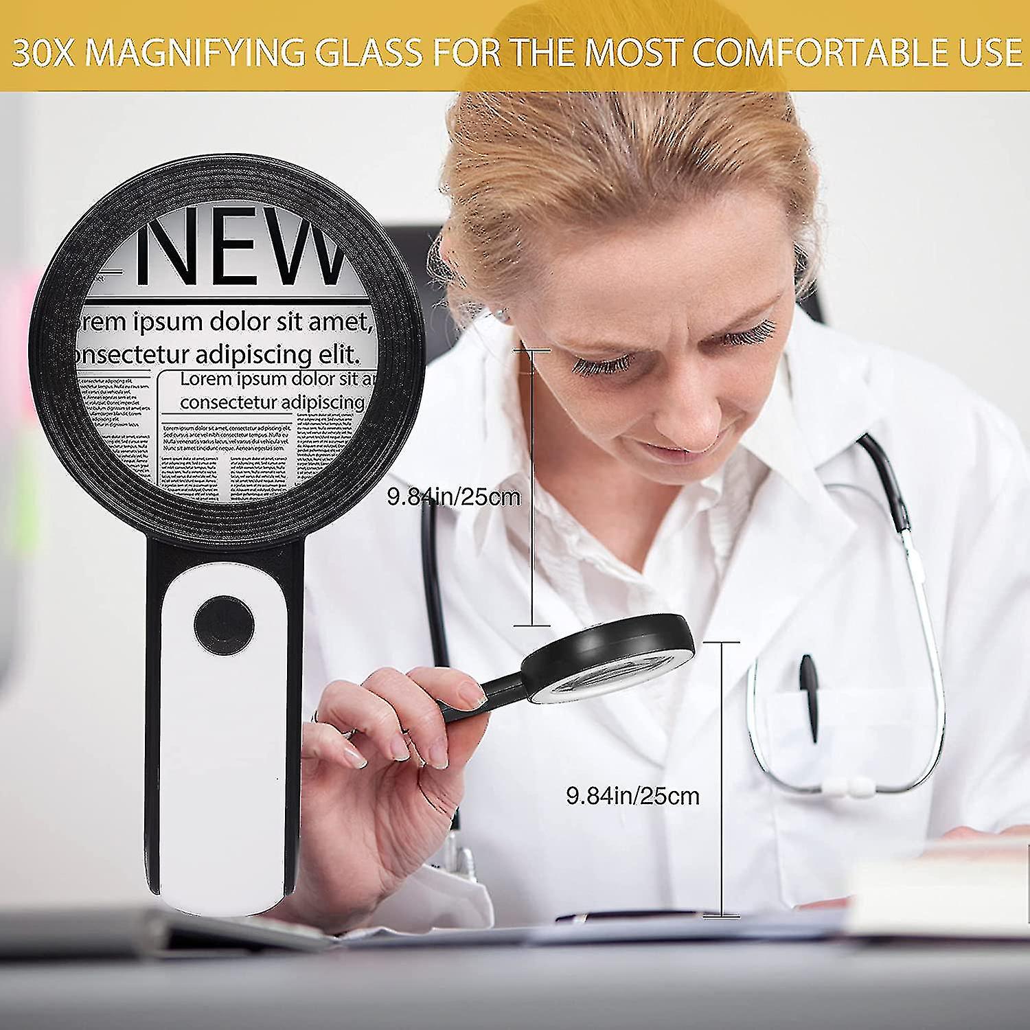 Magnifying Glass With Light， 30x Handheld Large Magnifying Glass 18led Cold And Warm Light With 3 Modes， Illuminated Lighted Magnifier For Seniors Rea