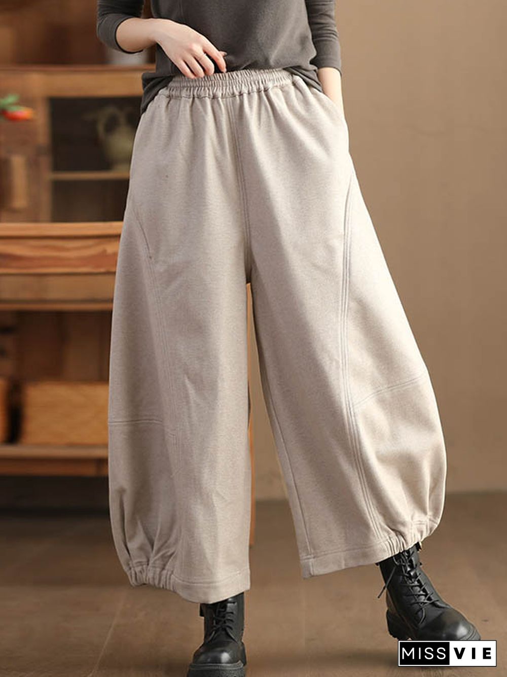 High Waisted Loose Drawstring Elasticity Pleated Solid Color Pants Trousers