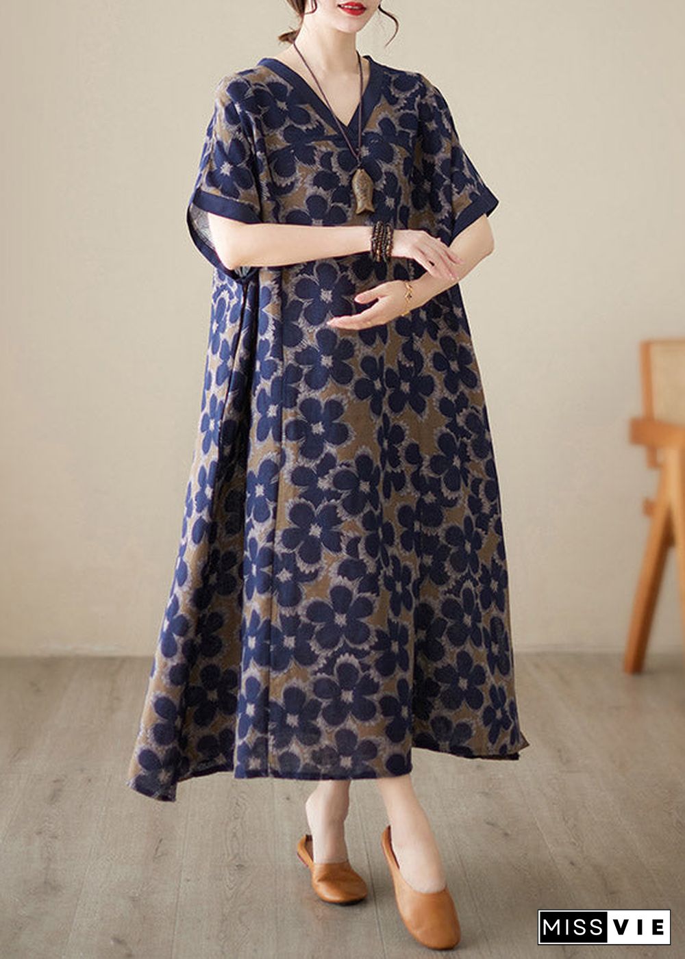 Vintage Blue V Neck Print Robe Dresses Short Sleeve