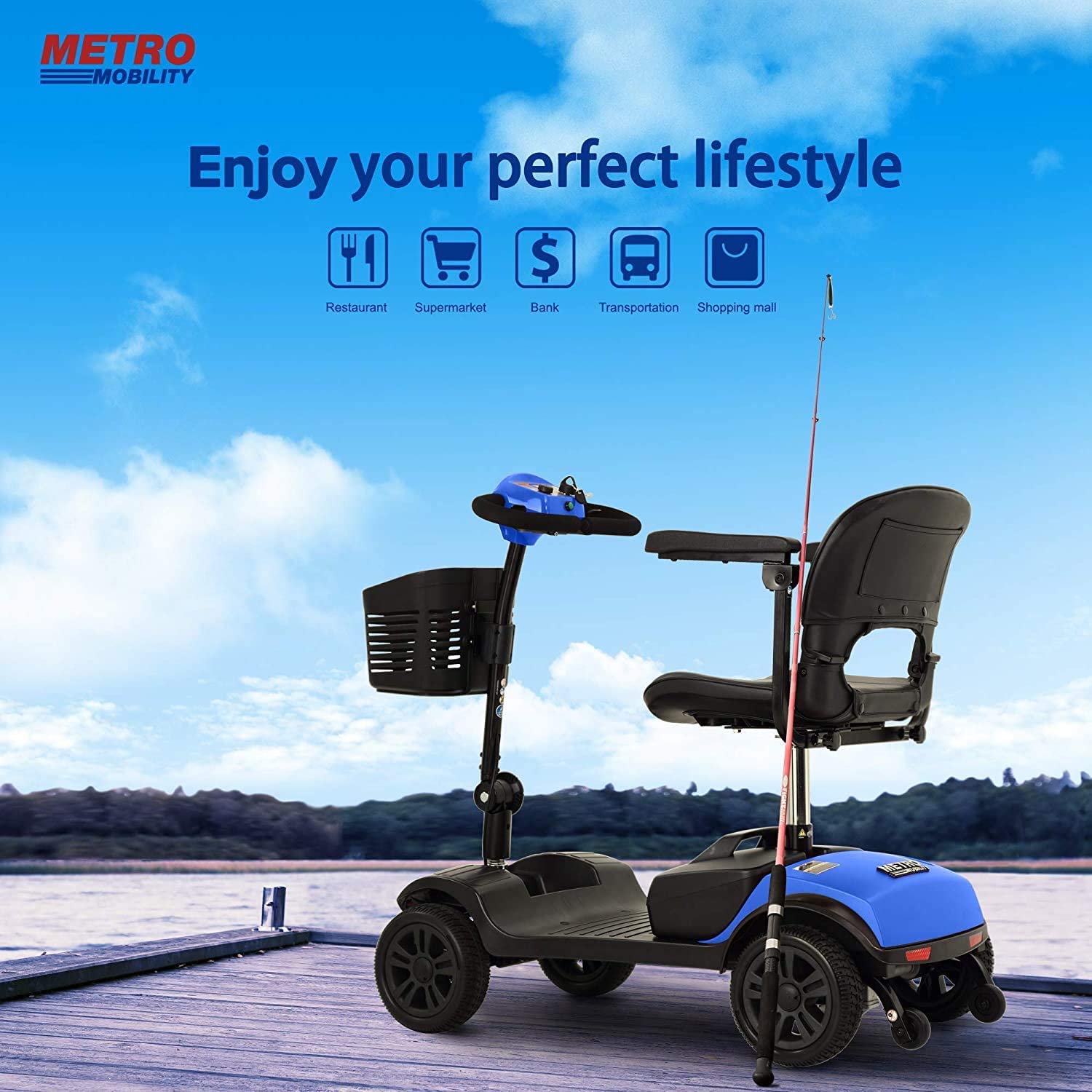 4 Wheel Mobility Scooter, Electric Wheelchair Device, Compact Heavy Mobility Scooter with Basket, Foldable in Boot Trunk for Traveling with Seniors (Blue)