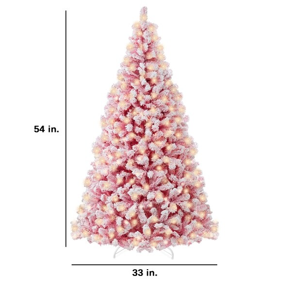 Prelit Pink Christmas Tree，Snow Flocked Holiday Decor w/ Metal Base