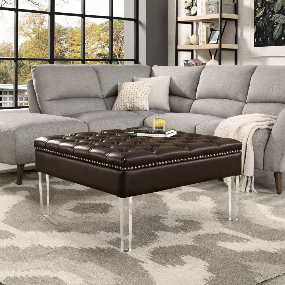 Fernanda PU Leather Tufted with Nailhead Trim  Acrylic Legs Ottoman   Contemporary   Footstools And Ottomans   by Inspired Home  Houzz