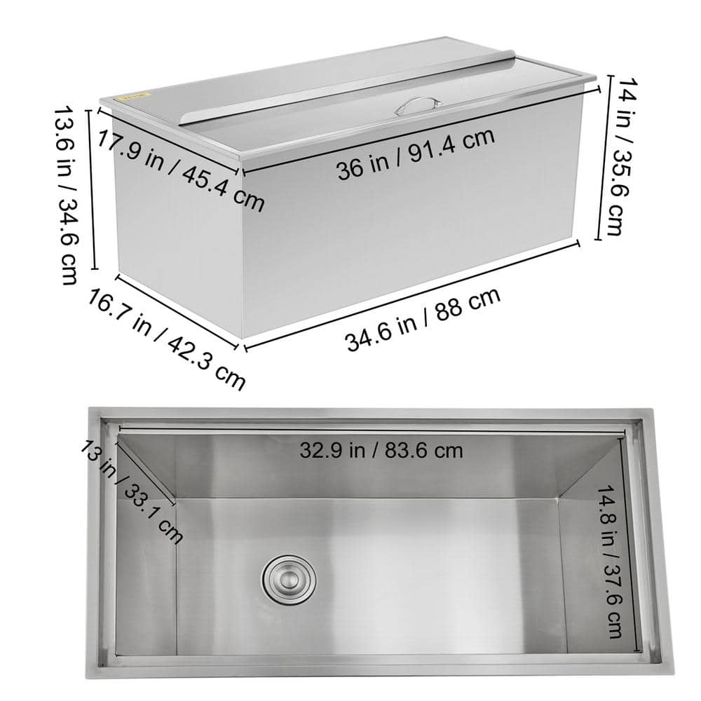 VEVOR 109.9 Qt. Drop in Ice Chest 36 in. x 17.9 in. x 14 in. Stainless Steel Ice Bin with Sliding Cover for Outdoor Kitchen JG18X36X120000001V0