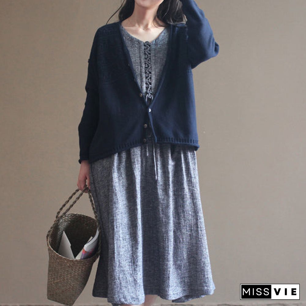 autumn v neck vintage cotton knit cardigans plus size casual navy sweater tops