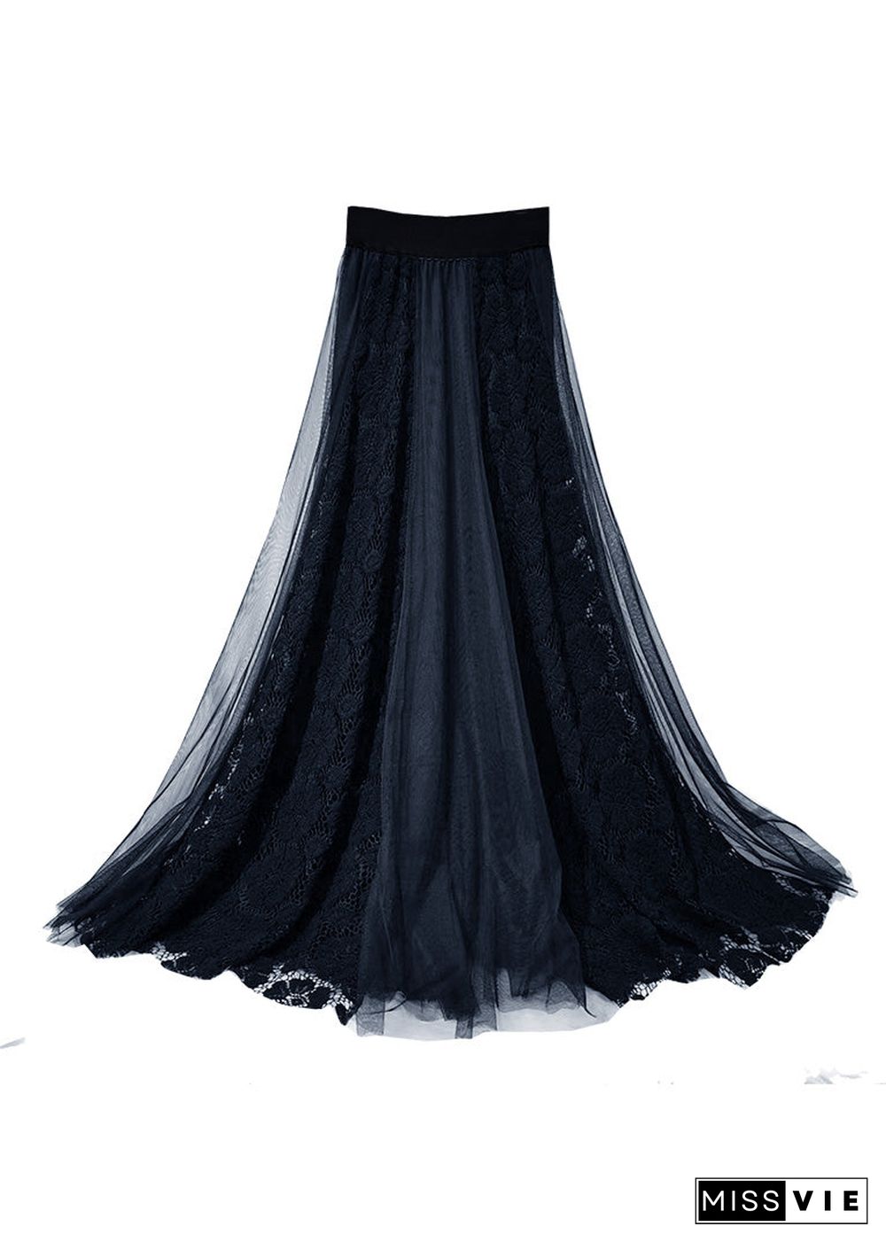 Modern Black High Waist Lace Patchwork Tulle A Line Skirt Spring