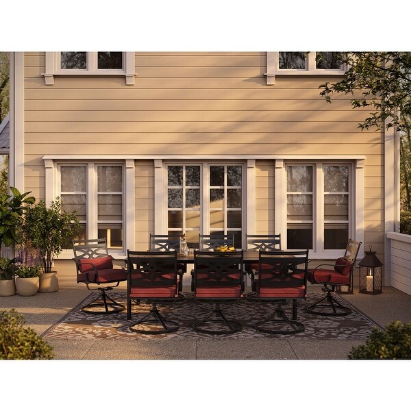 Hanover Montclair 9Piece Dining Set in Chili Red with 8 Swivel Rockers and a 42In. x 84In. Table