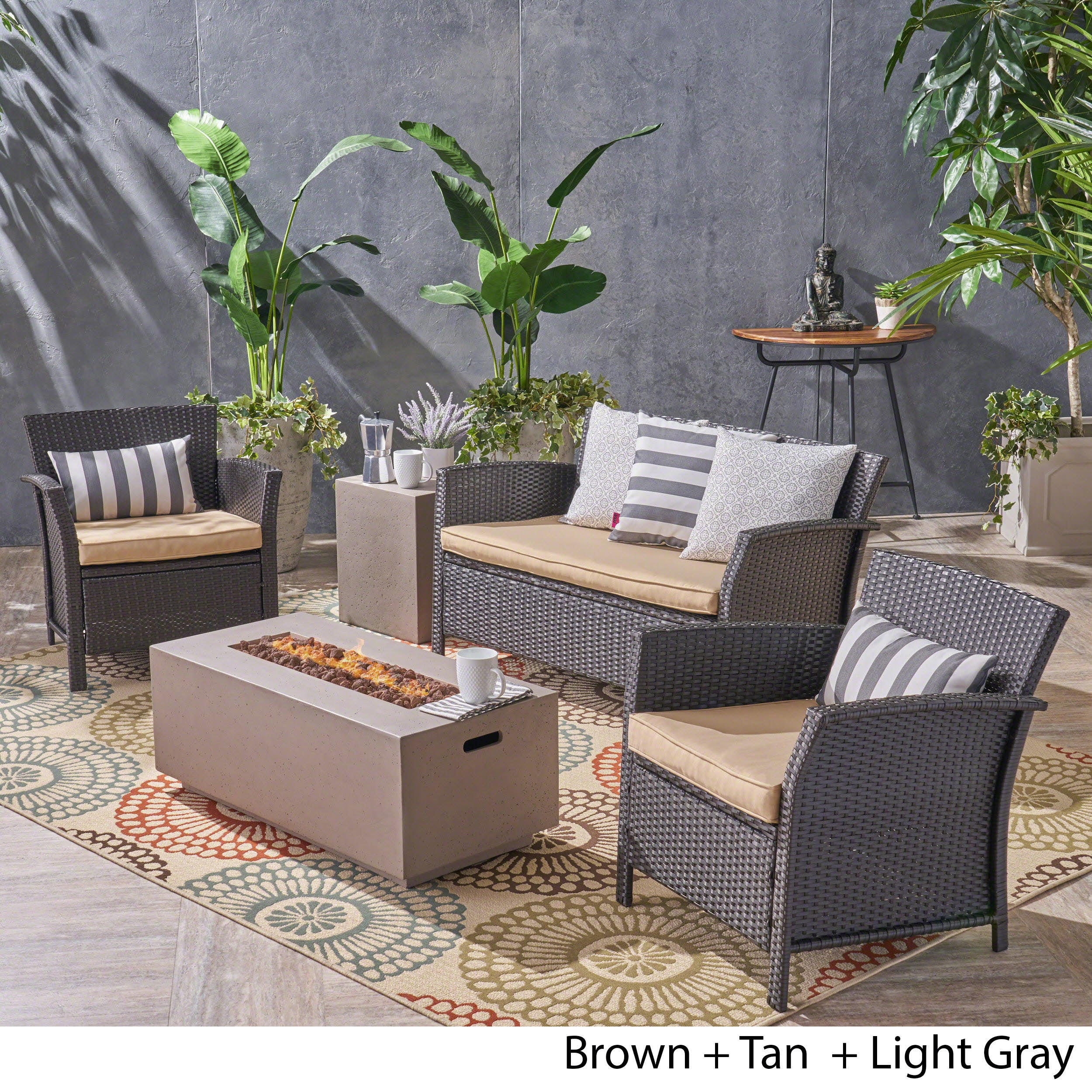 Laiah Outdoor 4 Seater Wicker Chat Set with Fire Pit