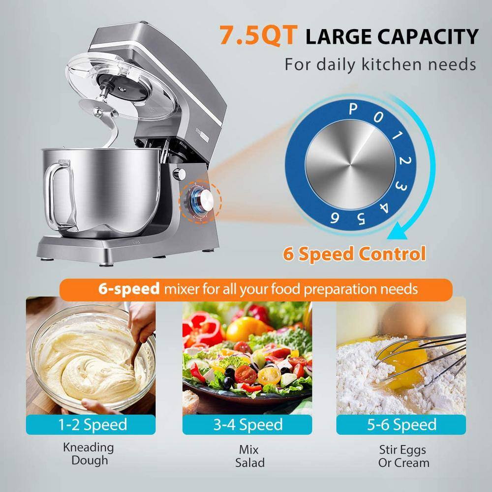 VIVOHOME 7.5 qt. 6-Speed Silver Tilt-Head Electric Stand Mixer with Accessories and ETL Listed X002E5HETF