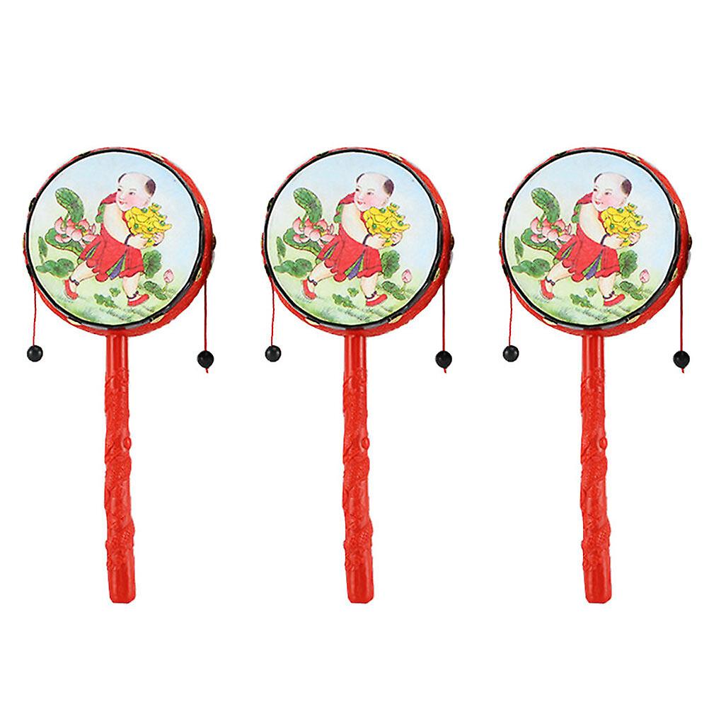 3pcs Traditional Drum-shaped Rattle Early Educational Hand Shaking Drum Toys