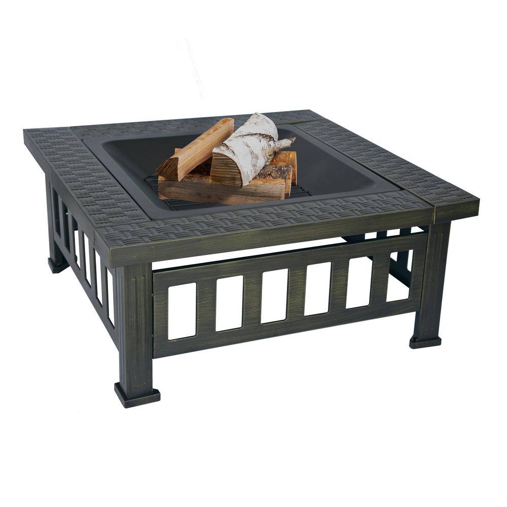 Bond Bali 32 in. W x 22.44 in. H Outdoor Square Powder Coated Steel Wood Burning Fire Pit in Bronze with Grate and Poker 52260