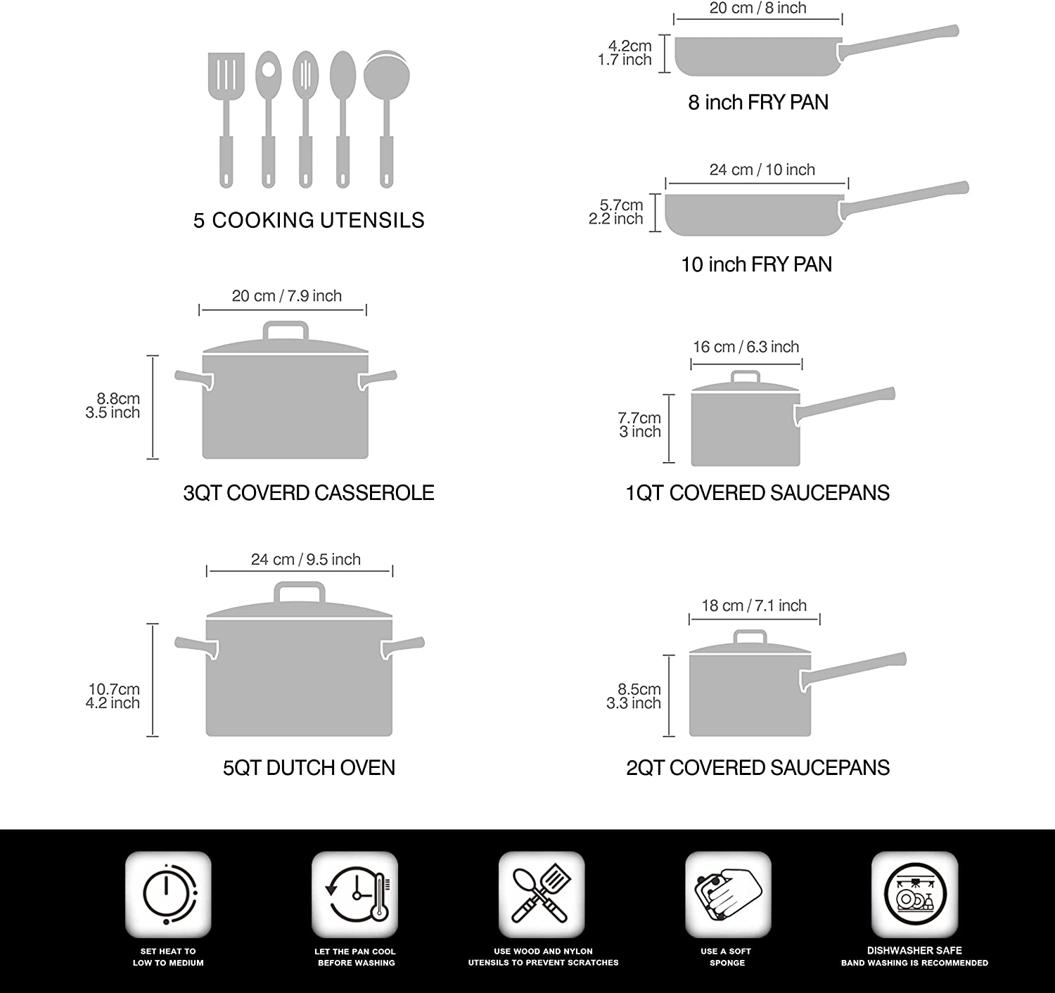 Cook N Home 15-Piece Nonstick Stay Cool Handle Cookware Set， Black