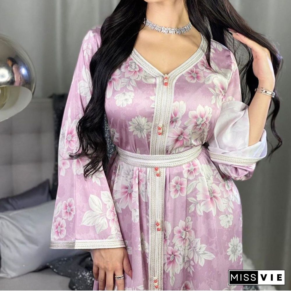 Muslim Pink Elegant Flower Printed Dress