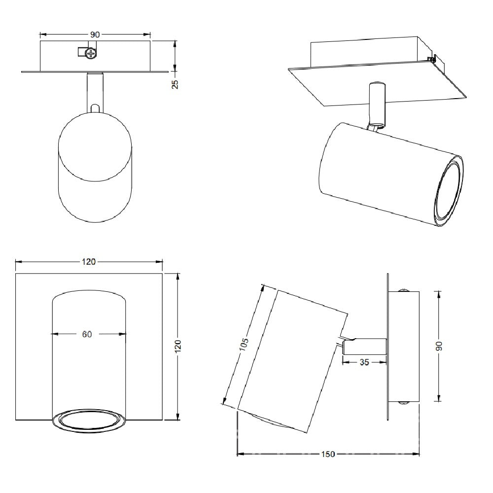 Britalia BR802400132 Matt Black Modern 1 Lamp Square Plate Cylindrical Head Spot Light