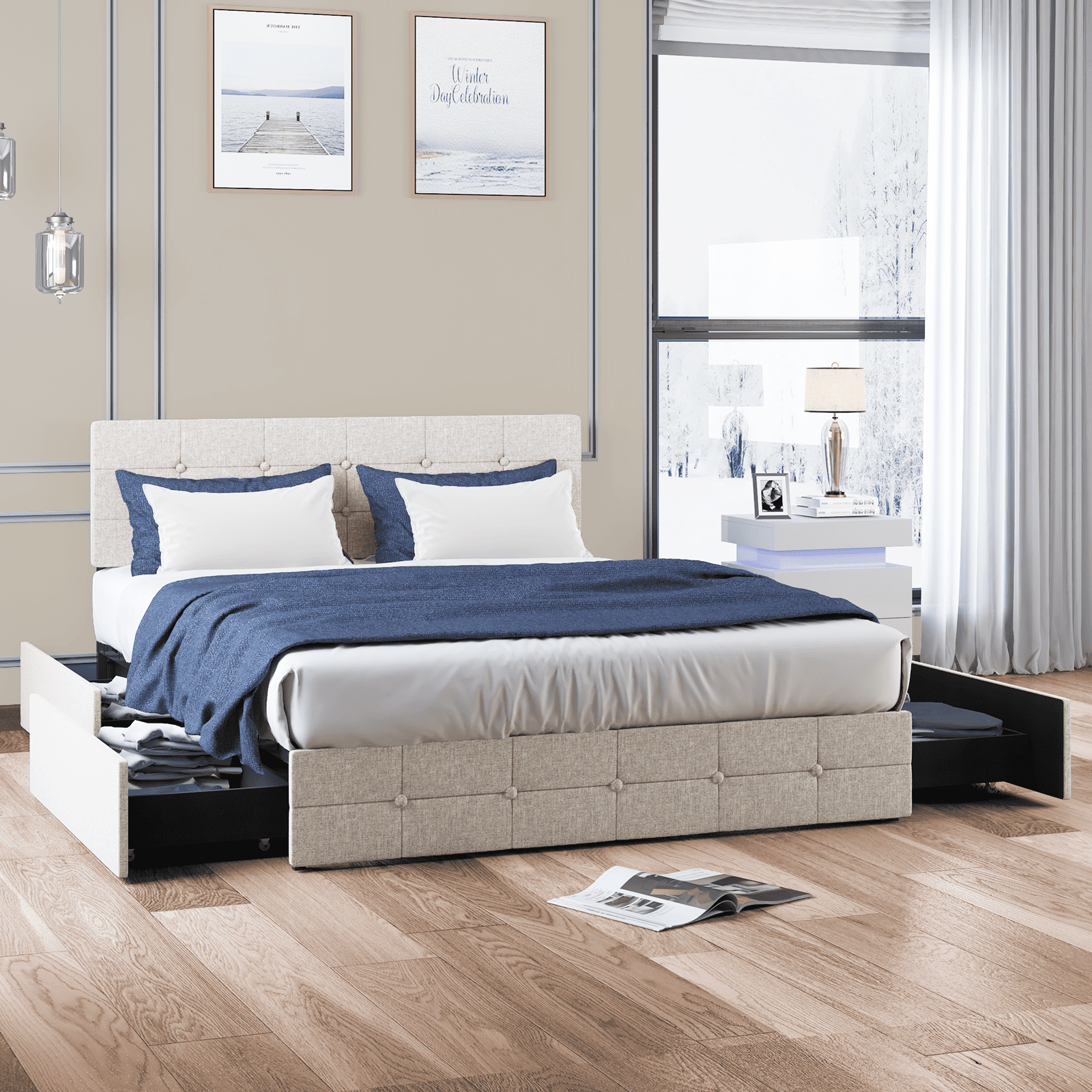 MUZZ Platform Bed Frame Upholstered Bed Frame with Square Button Tufted Headboard Queen, Beige