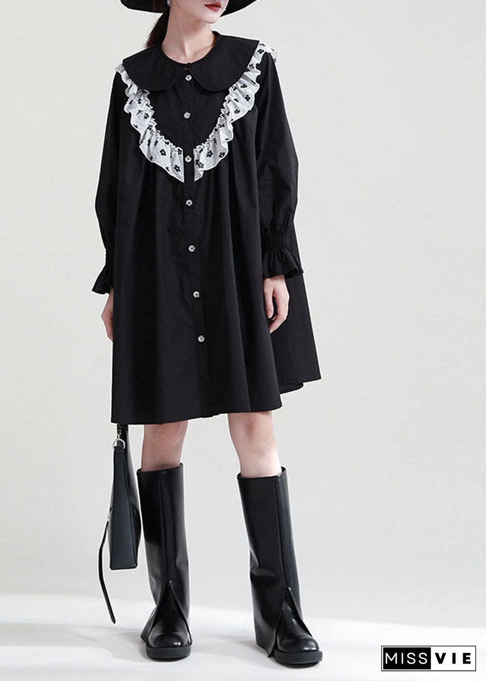 Italian Black Ruffled Patchwork Cotton Shirt Dresses Fall