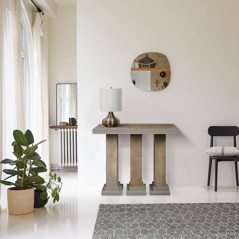 35 Inch Handcrafted Console Table， Solid Mango Wood with Pillar Style Legs in Rustic Brown Finish