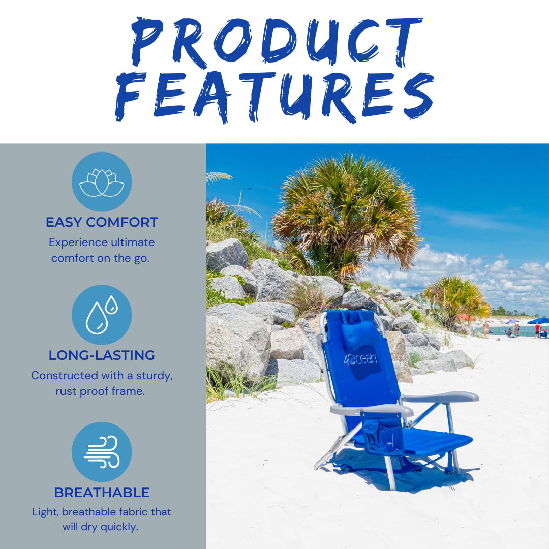 4ocean Signature Folding Backpack Outdoor Beach Chair with Cooler， Blue