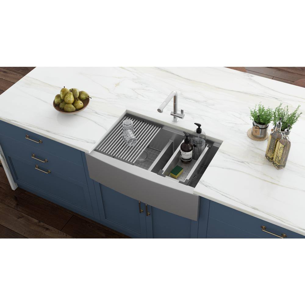 Ruvati Apron-Front Stainless Steel 33 in. 16-Gauge Workstation Double Bowl 60-40 Farmhouse Kitchen Sink RVH9201