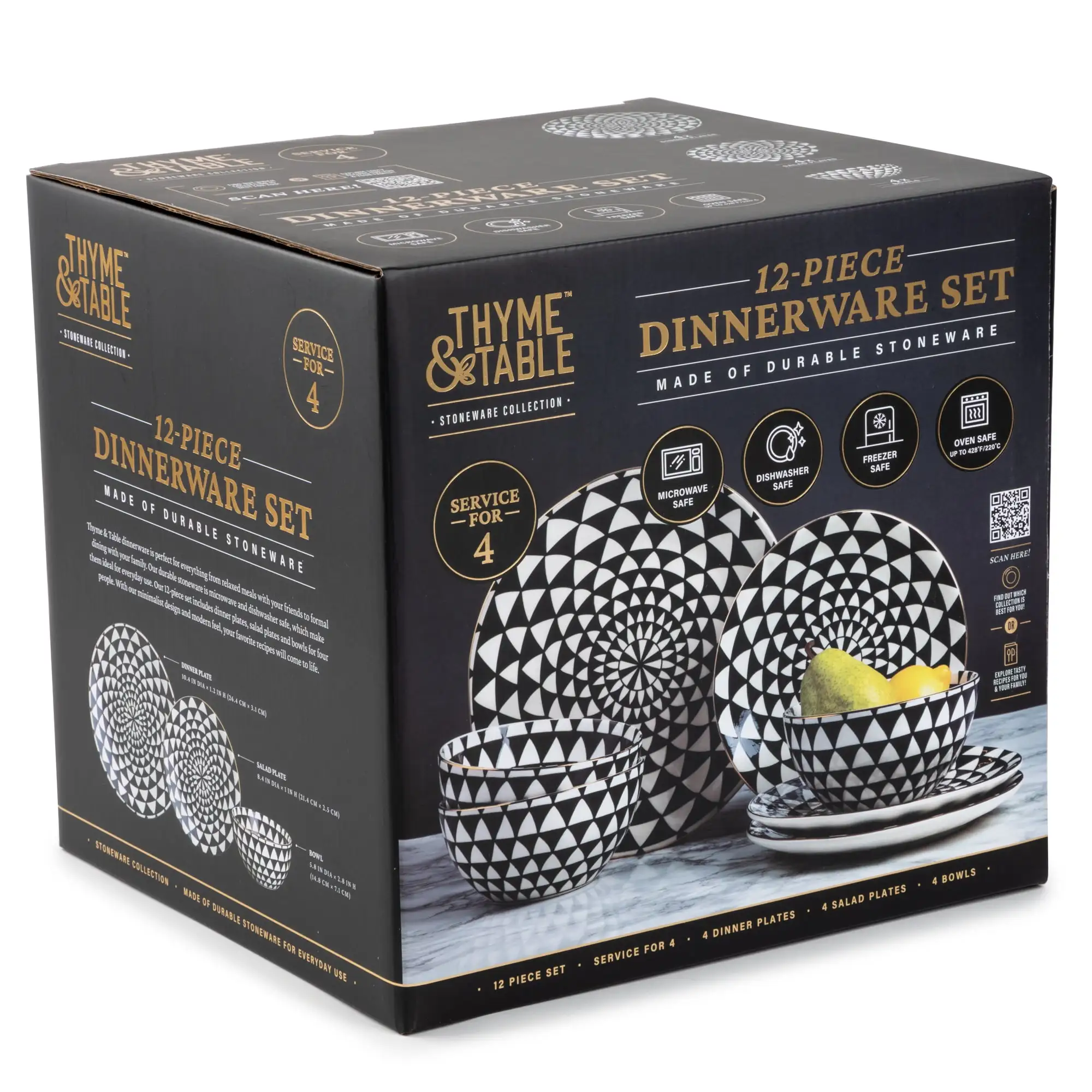 Thyme and Table Dinnerware Black and White Medallion Stoneware， 12 Piece Set