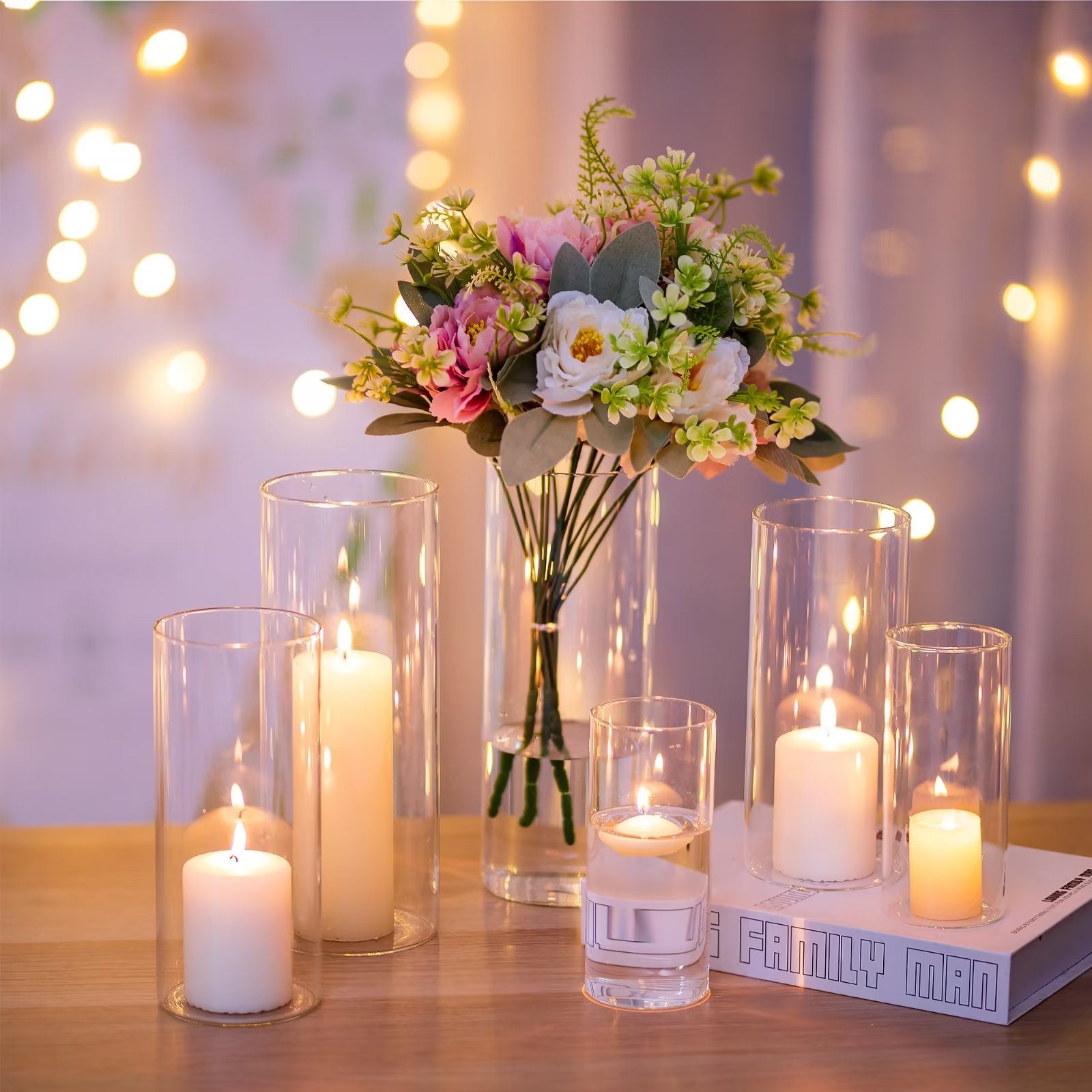 Glasseam Clear Glass Cylinder Hurricane Candle Holder Vases Set of 6 (6+7.8+ 10High)