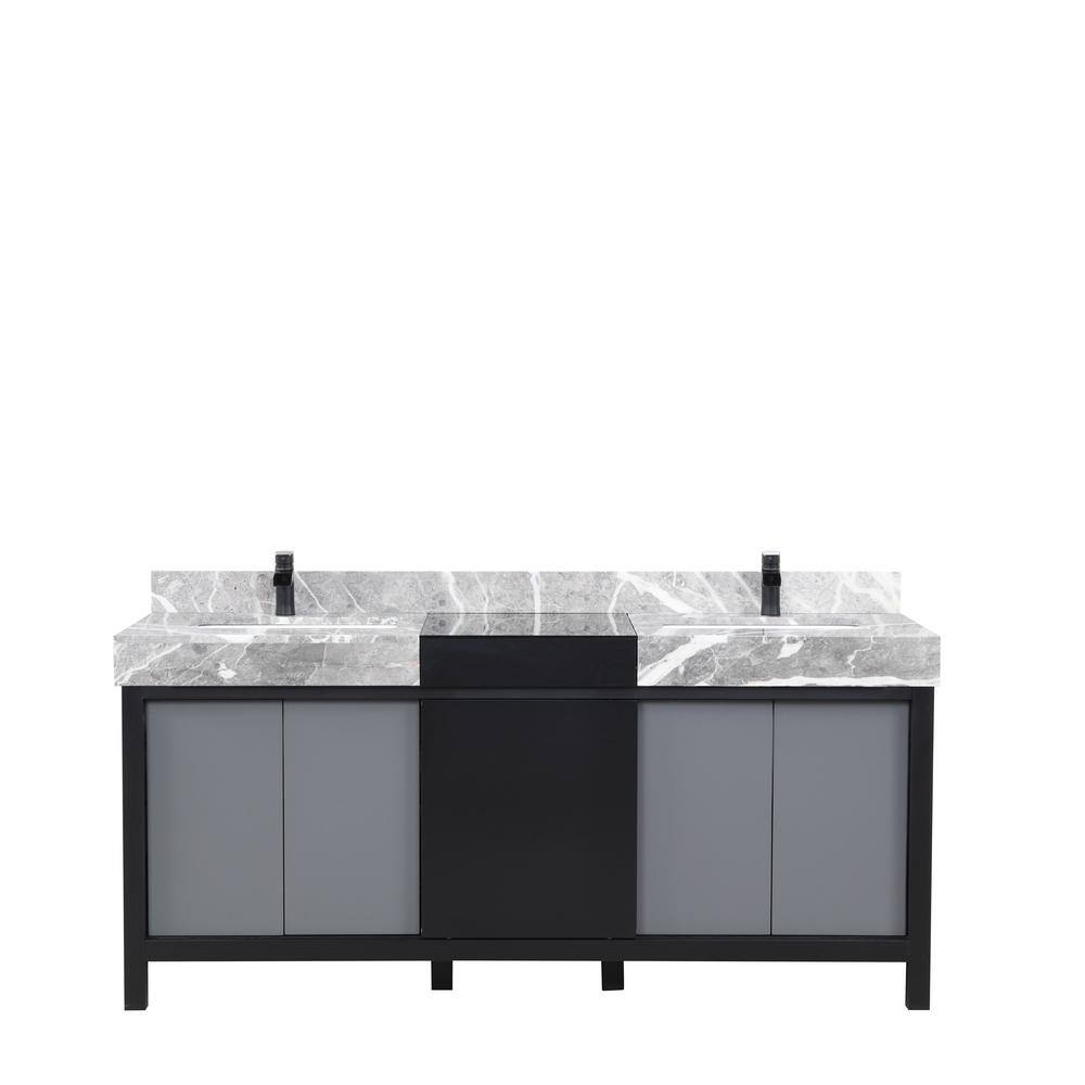 Lexora Zilara 72 in W x 22 in D Black and Grey Double Bath Vanity Castle Grey Marble Top and Matte Black Faucet Set LZ342272DLISFCM