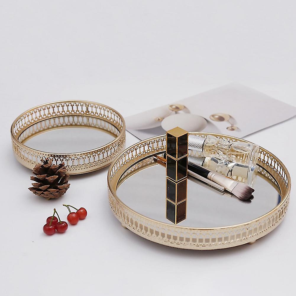 2x Golden Iron Jewelry Storage Tray Glass Mirror Makeup Manager Desktop Cosmetic Dessert Decorative