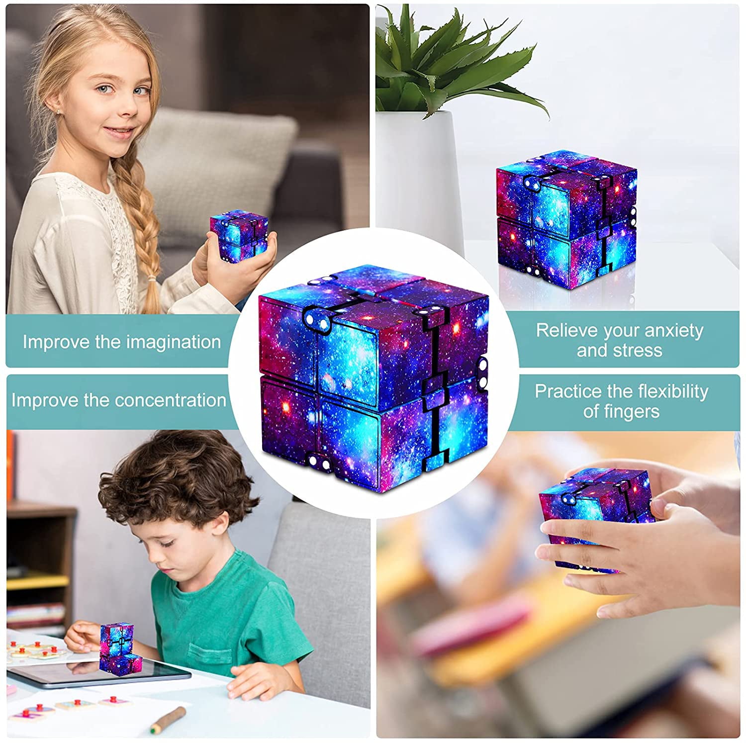 Infinity Cube 3 Pack Fidget Cube Toy Stress Anxiety Relief for Adults and Kids Hand-Held Magic Puzzle Flip Fidgeting Finger Toys for ADD ADHD Passing Time Galaxy Space Easter Basket Stocking Stuffers