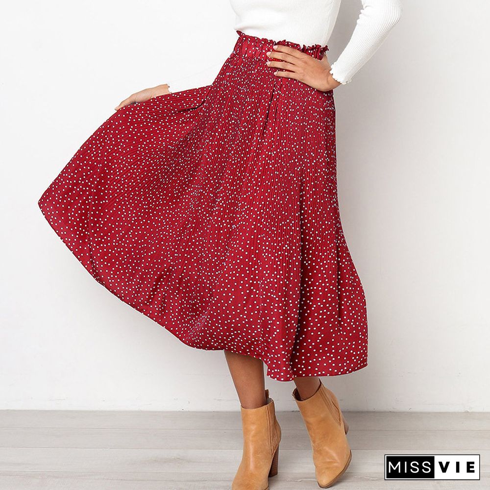 White Dots Floral Print Pleated Midi Skirt Women Elastic High Waist Side Pockets Skirts Summer Elegant Female Bottom