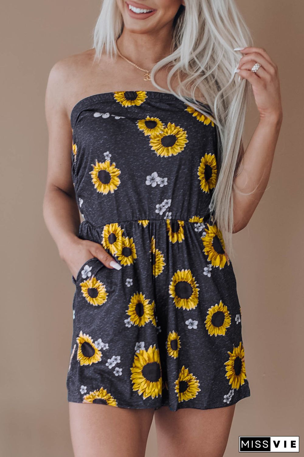 Floral Print Bandeau Romper With Pockets