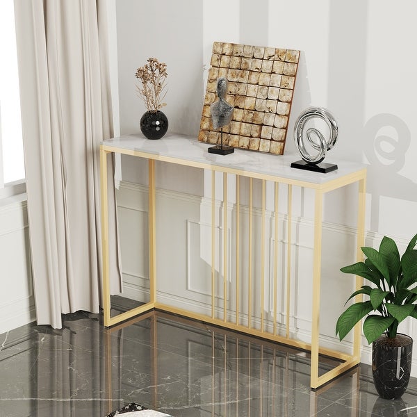 Sintered Stone Marble Skinny Console Table Gold Metal Frame Accent - 39.4x11.8x30.9in