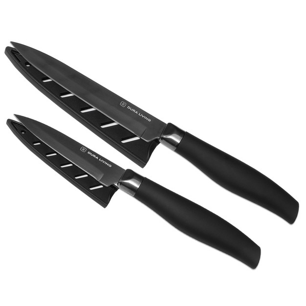 Dura Living Titan Series 2 Piece Titanium Plated Knife Set With Blade Guards Black