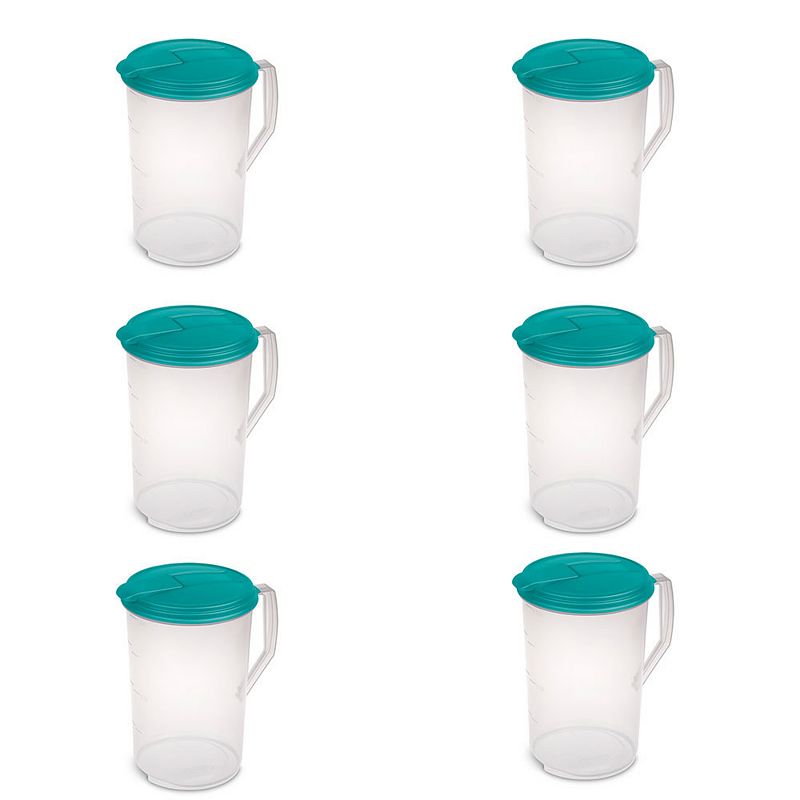 Sterilite 1-Gallon Round Plastic Pitcher and Spout， Clear w/ Color Lid  (6 Pack)