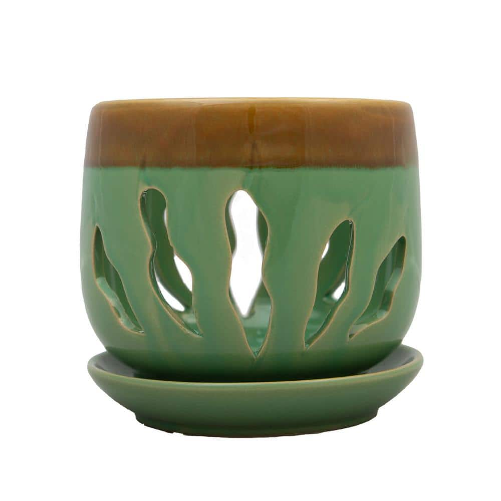 Better-Gro 5 in. Green Ceramic Lilly Design Orchid Pot Twin Pack 54026