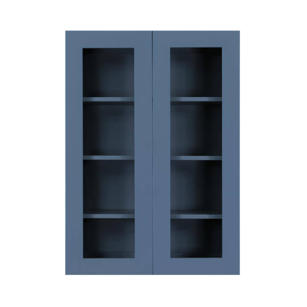 LIFEART CABINETRY Lancaster Blue Plywood Shaker Stock Assembled Wall Glass-Door Kitchen Cabinet 30 in. W x 12 in. D x 42 in. H ALB-WMD3042