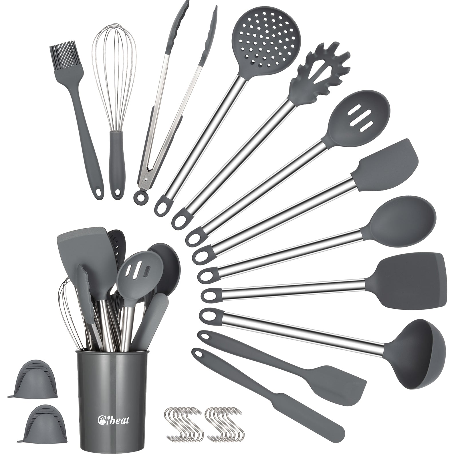 Cibeat Kitchen Cooking Utensil Set, 27 Pcs Non-Stick Silicone Utensils, Silicone Cookware with Stainless Steel Handle, Cookware Kitchen Tools Set, Gray