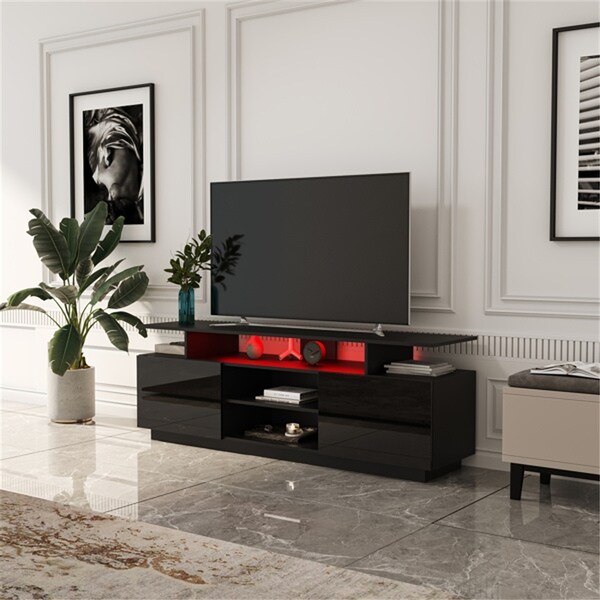 Black Modern LED TV StandTV Media Center for Living Room