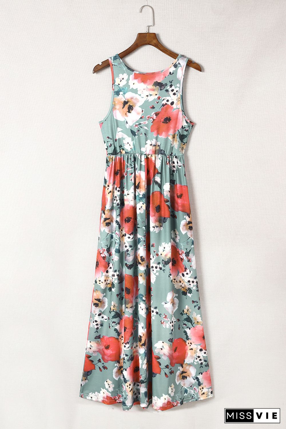 Sky Blue Boho Print Sleeveless High Waist Long Floral Dress