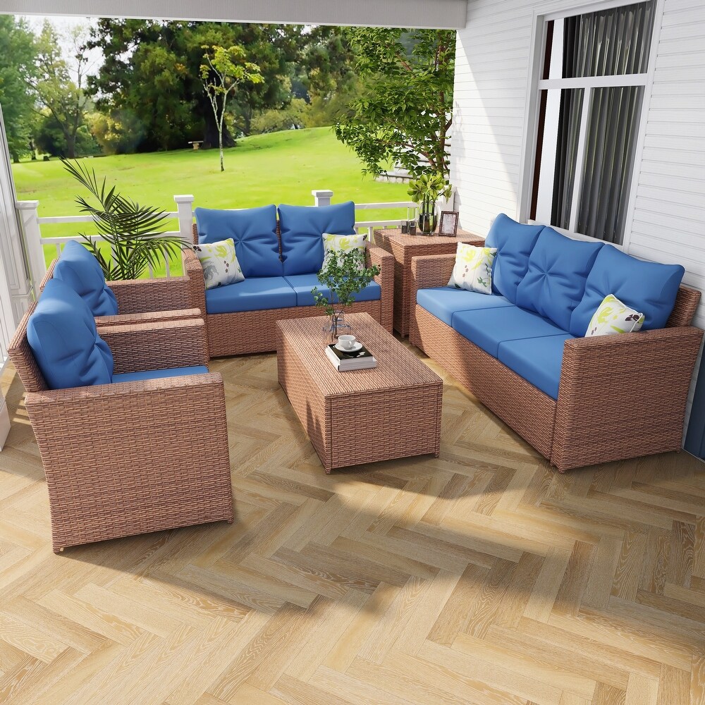 6 Piece Rattan Outdoor Conversation Sofa Patio Furniture Sets