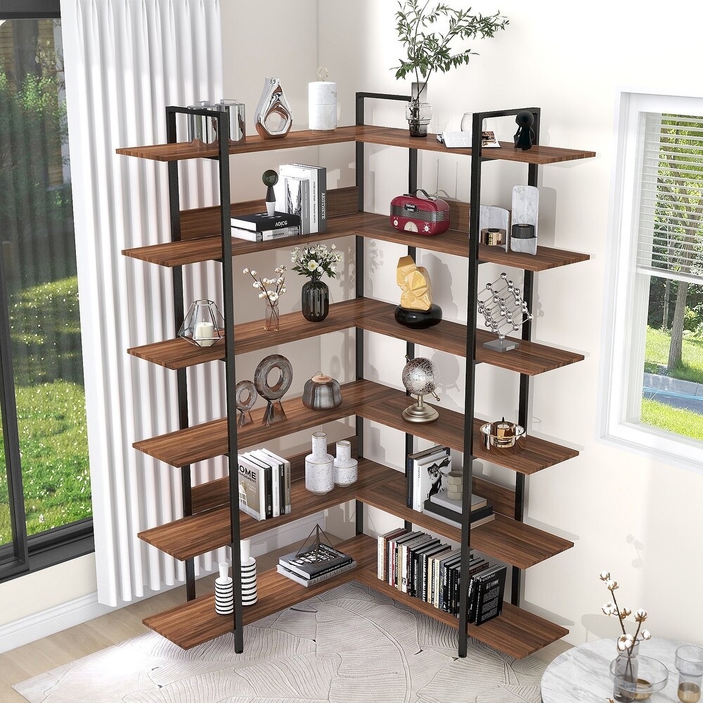 74.8 Inch Bookshelf L shape Stainless Steel Frame Corner 6 tier Shelves Adjustable Foot Pads